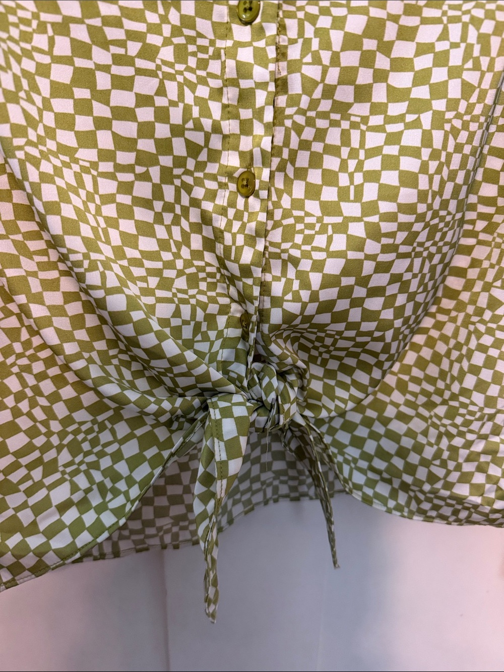 Maison D’Amelie Tie-Front Checker 70s Vibe Button-Down Shirt - Olive Green Size - Picture 13 of 14